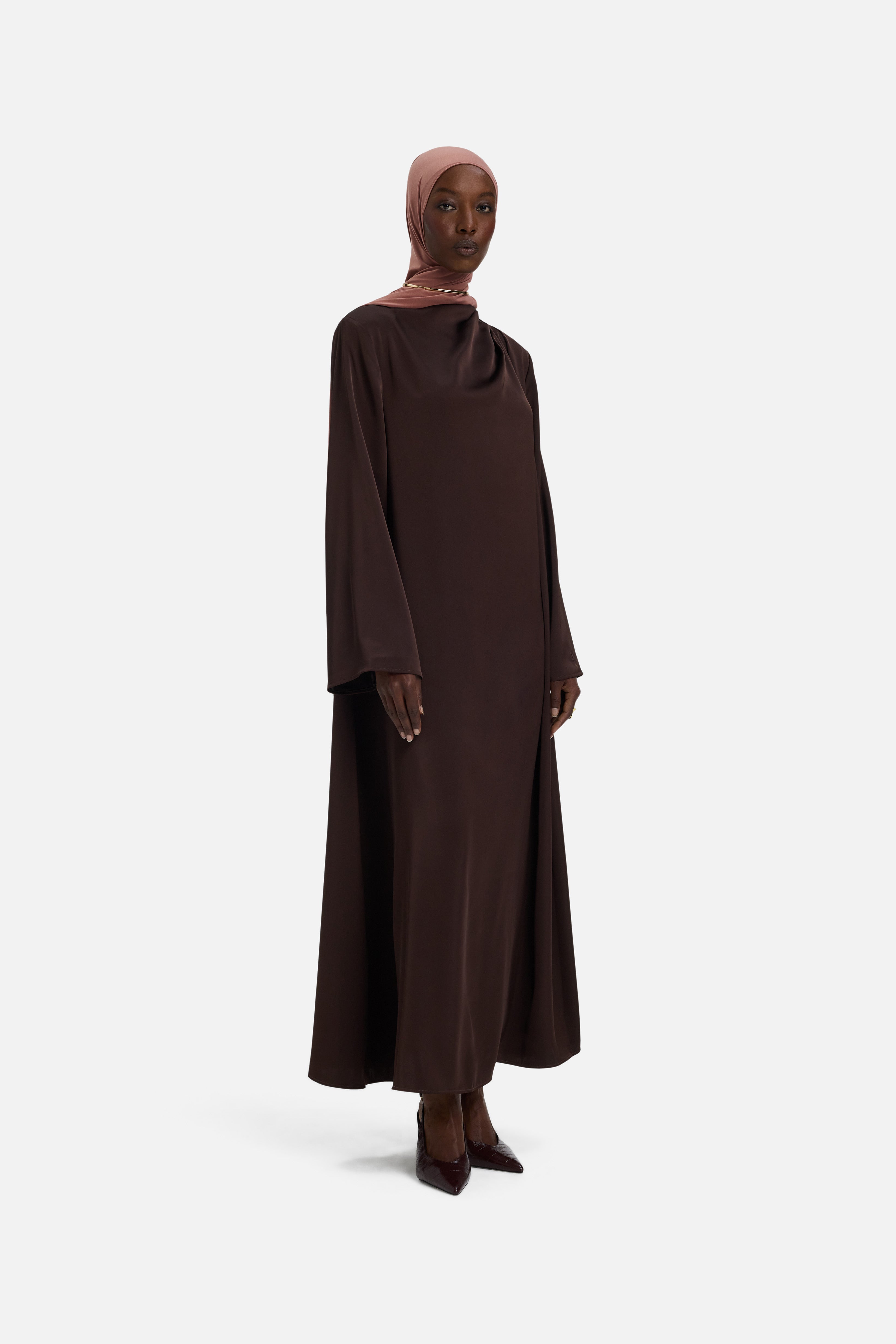 Asymmetric Drape Dress Regular | Dark Brown