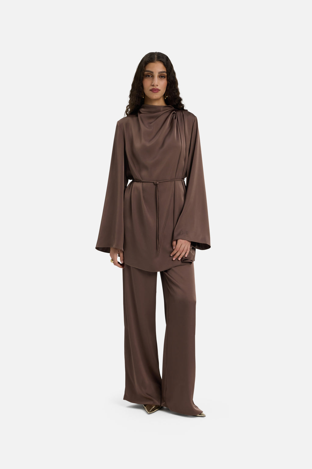 Asymmetric Pleat Blouse | Ash Brown