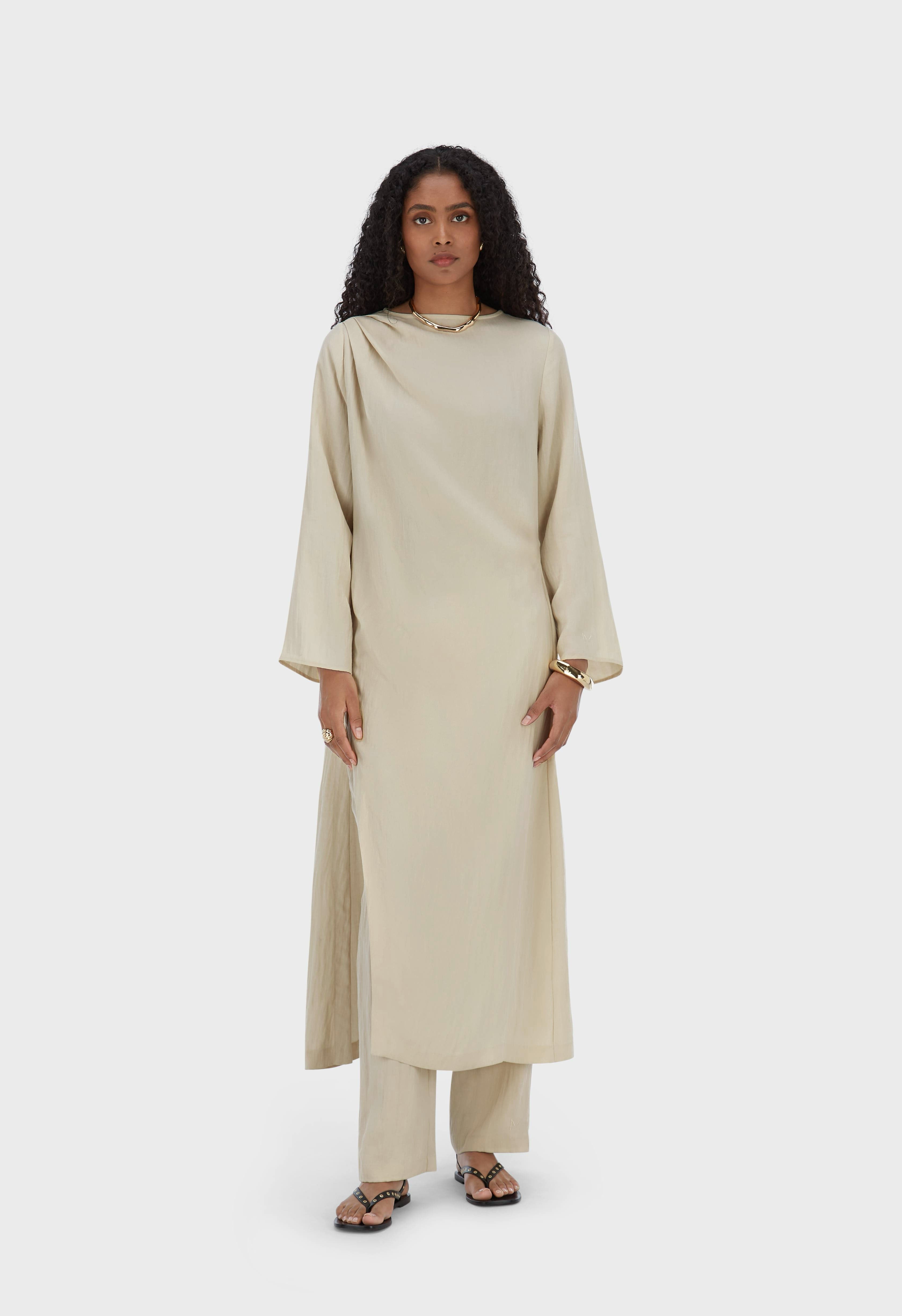 Asymmetric Pleated Tunic | Sand